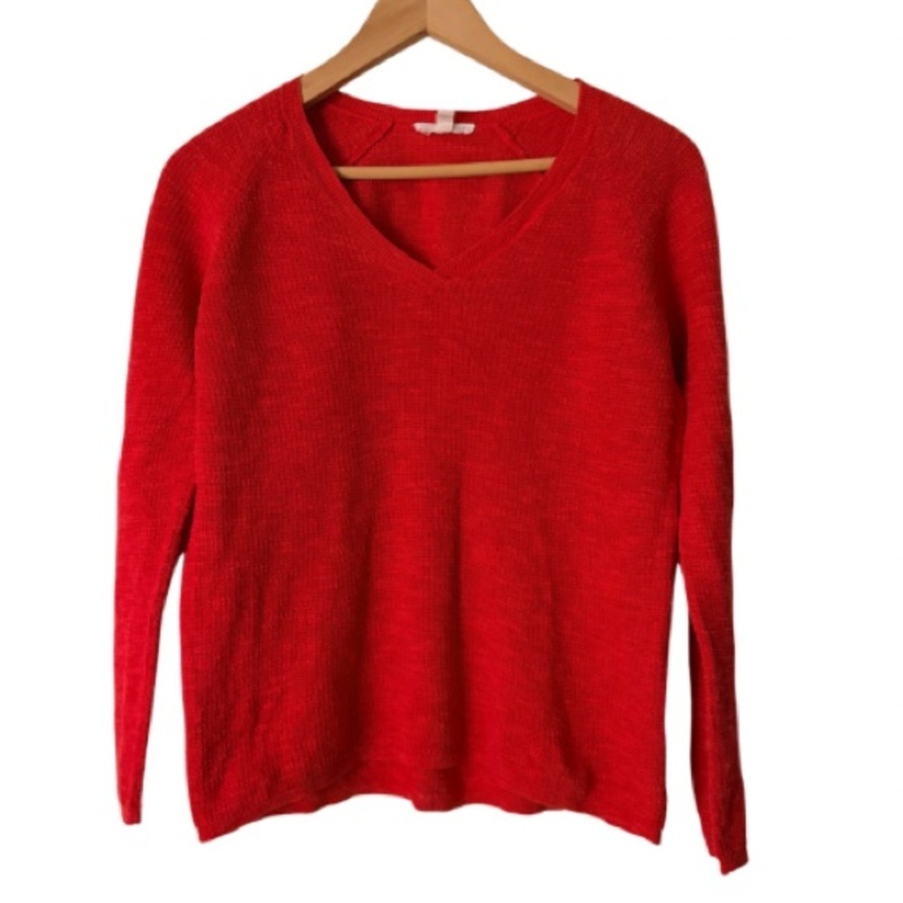 Eileen Fisher Red V Neck Linen Sweater Top, Petite Large
